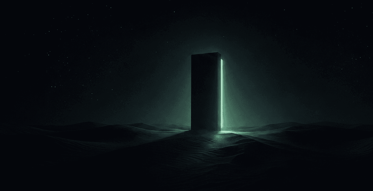 A glowing emerald monolith standing in dark dunes under a starry sky
